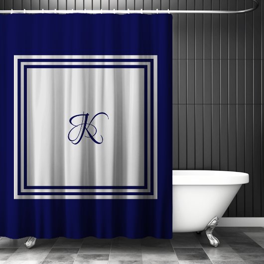 Rideaux De Douche Monogramme Initial Carré Gris Bleu Orné