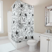 Rideaux De Douche Monogramme initial floral blanc noir (En situation)