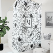 Rideaux De Douche Monogramme initial floral blanc noir