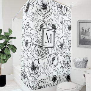 Rideaux De Douche Monogramme Initial Floral Blanc Noir
