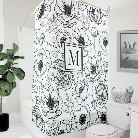 Rideaux De Douche Monogramme initial floral blanc noir