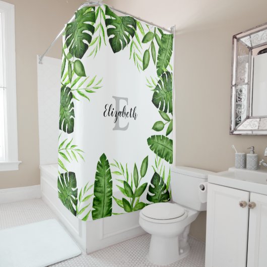 Rideaux De Douche Monogramme Jungle Tropical Feuille Script Plante (En situation)