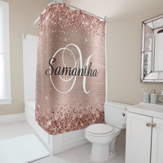 Rideaux De Douche Monogramme M en écriture classique rose pailletée (En situation)