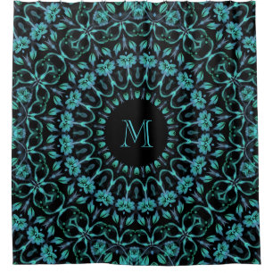 Rideaux De Douche Monogramme Mandala Floral Sarcelle