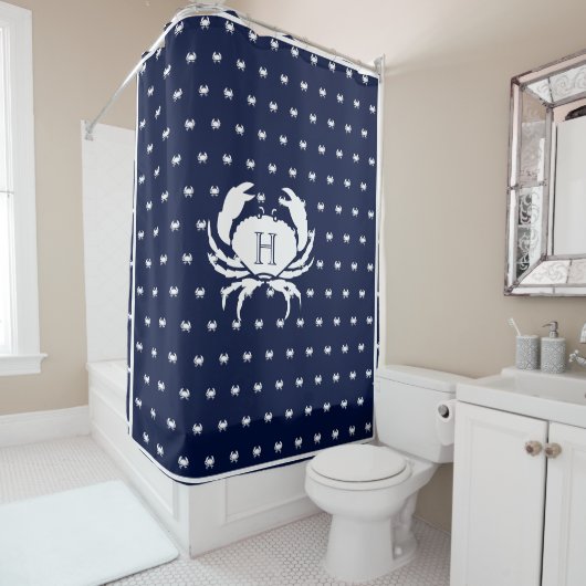 Rideaux De Douche Monogramme Marine Bleu Crabe Blanc Nautique (En situation)