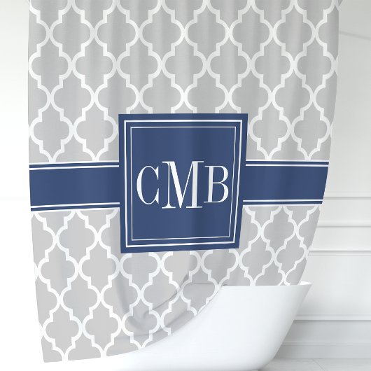 Rideaux De Douche Monogramme Marocain Gris et Bleu Nuit