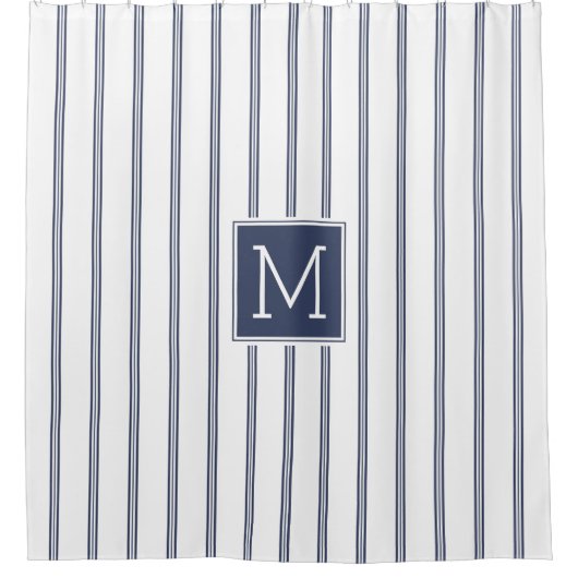 Rideaux De Douche Monogramme Motif moderne de bandes bleu marine (Devant)