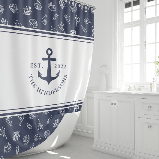 Rideaux De Douche Monogramme nautique Ancre bleu marine