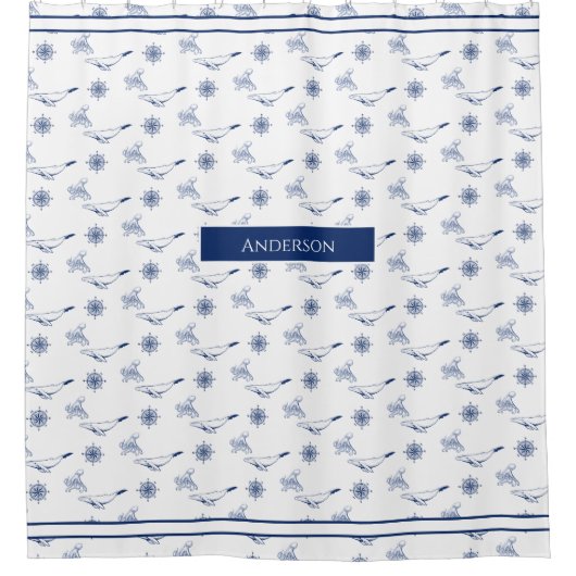 Rideaux De Douche Monogramme nautique Baleines et poulpe marine Blan (Devant)