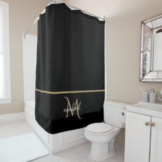 Rideaux De Douche Monogramme noir et or Élégance Luxueuse