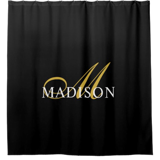 Rideaux De Douche Monogramme noir moderne Gold Nom du script (Devant)