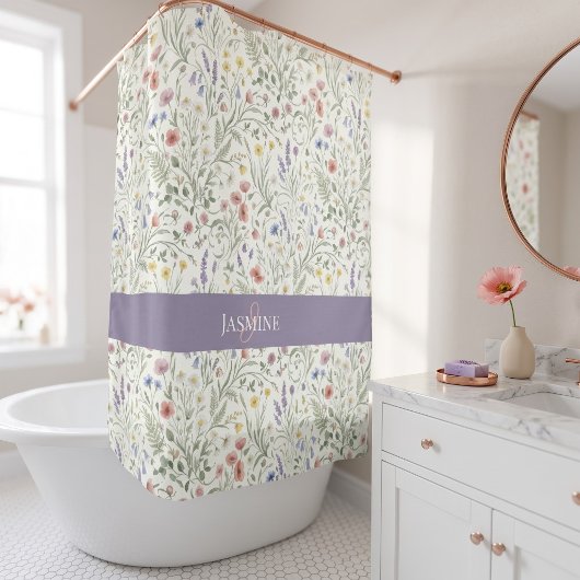Rideaux De Douche Monogramme Nom Fleur Sauvage Boho Lavande Coquelic