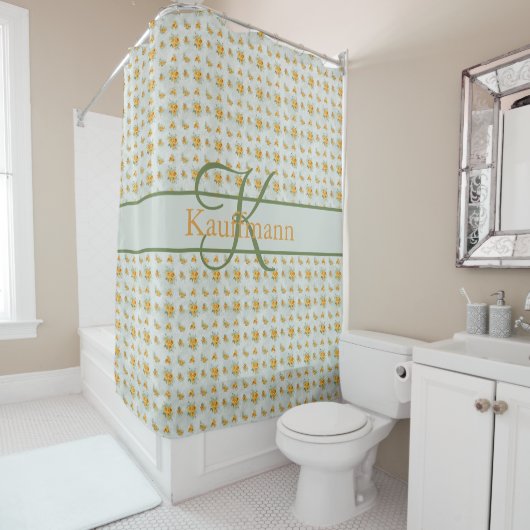Rideaux De Douche Monogramme Nom Initial Jaune Vert Floral (En situation)