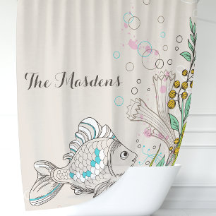 Rideaux De Douche Monogramme Océan Corail Algue Poisson Nautique