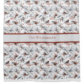 Rideaux De Douche Monogramme Oiseau Blanc Gris Argent Branche Baies  (Devant)