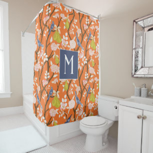Rideaux De Douche Monogramme orangé et bleu de la Chinoiserie Oiseau