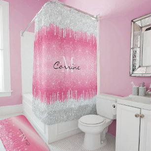 Rideaux De Douche Monogramme Parties scintillant Ombre rose chaud Si