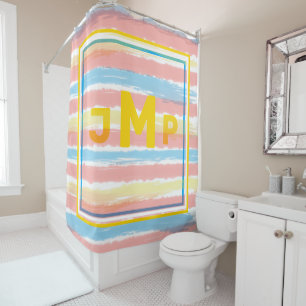 Rideaux De Douche Monogramme Pastel Rose Bleu Jaune Rayures