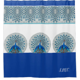Rideaux De Douche Monogramme Peacock Turquoise bleu et blanc Monogra