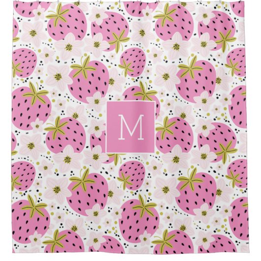 Rideaux De Douche Monogramme personnalisé de fraises roses (Devant)