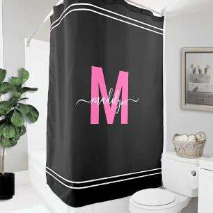 Rideaux De Douche Monogramme Personnalisé Élégant Rose Noir Nom
