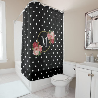 Rideaux De Douche Monogramme Pois d'antiquité noir élégant