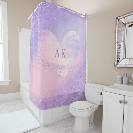 Rideaux De Douche Monogramme Purple Pink Gradient Coeur (En situation)