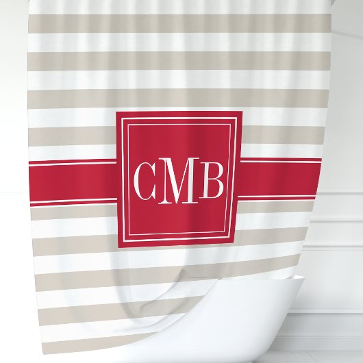 Rideaux De Douche Monogramme Rayures Beige et Rouge