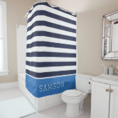 Rideaux De Douche Monogramme Rayures Bleues et Nuit (En situation)