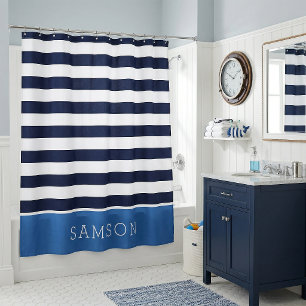 Rideaux De Douche Monogramme Rayures Bleues et Nuit
