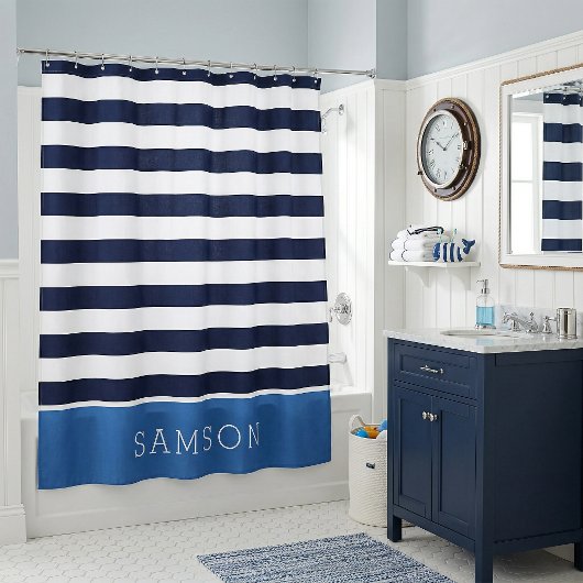 Rideaux De Douche Monogramme Rayures Bleues et Nuit