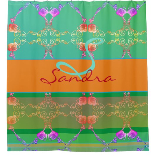 Rideaux De Douche Monogramme Rose Coeur Apricot turquoise et mousse (Devant)
