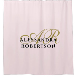 Rideaux De Douche Monogramme Rose Pastel Minimaliste Or Noir Élégant