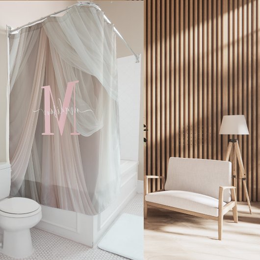Rideaux De Douche Monogramme rose soie blanche Mariage élégant