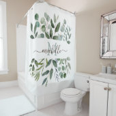 Rideaux De Douche Monogramme Sage Green Eucalyptus Feuilles de verdu (En situation)