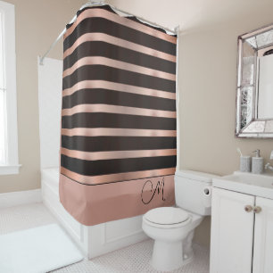 Rideaux De Douche Monogramme Saumon chatoyant rose sur noir