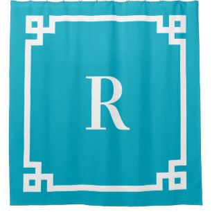 Rideaux De Douche Monogramme simple clé grecque azur et blanc