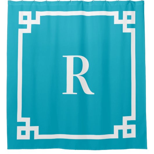 Rideaux De Douche Monogramme simple clé grecque azur et blanc (Devant)