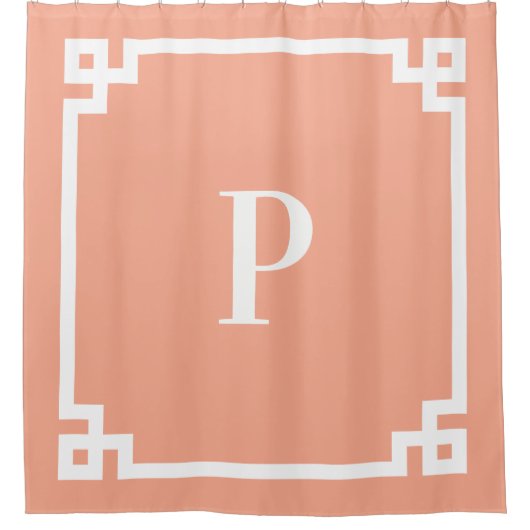 Rideaux De Douche Monogramme simple clé grecque blanche et pêche (Devant)