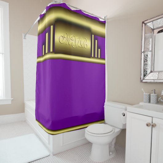 Rideaux De Douche Monogramme sur l'or de luxe art déco et le violet (En situation)