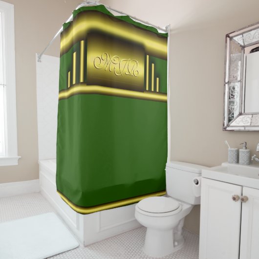 Rideaux De Douche Monogramme sur l'or et le vert de luxe art déco (En situation)