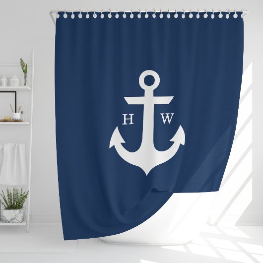 Rideaux De Douche Monogramme tendance Ancre bleu marine
