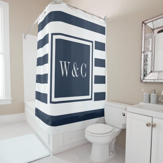 Rideaux De Douche Monogramme tendance bleu marine moderne (En situation)