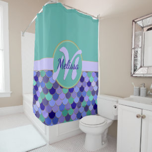 Rideaux De Douche Monogramme Turquoise et violet Aqua + Nom Échelles