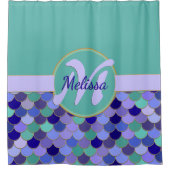Rideaux De Douche Monogramme Turquoise et violet Aqua + Nom Échelles (Devant)