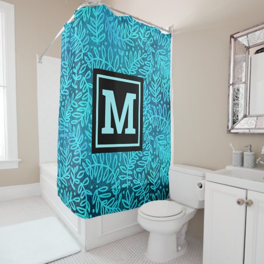 Rideaux De Douche Monogramme turquoise ombre feuille motif moderne a (En situation)