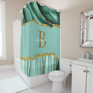 Rideaux De Douche Monogramme Vert Élégant en Agate Nom en écriture d