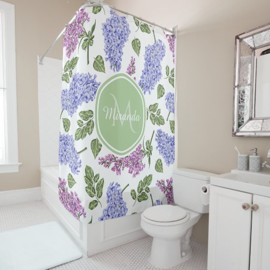 Rideaux De Douche Monogramme vert en pastel floral lilas de lavande (En situation)