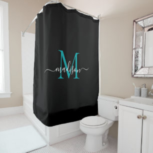 Rideaux De Douche Monogramme vert Turquoise noir Nom du script fémin