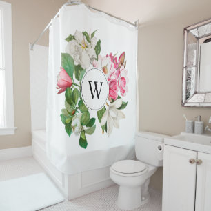 Rideaux De Douche Monogramme vintage blanc et rose des fleurs de Mag